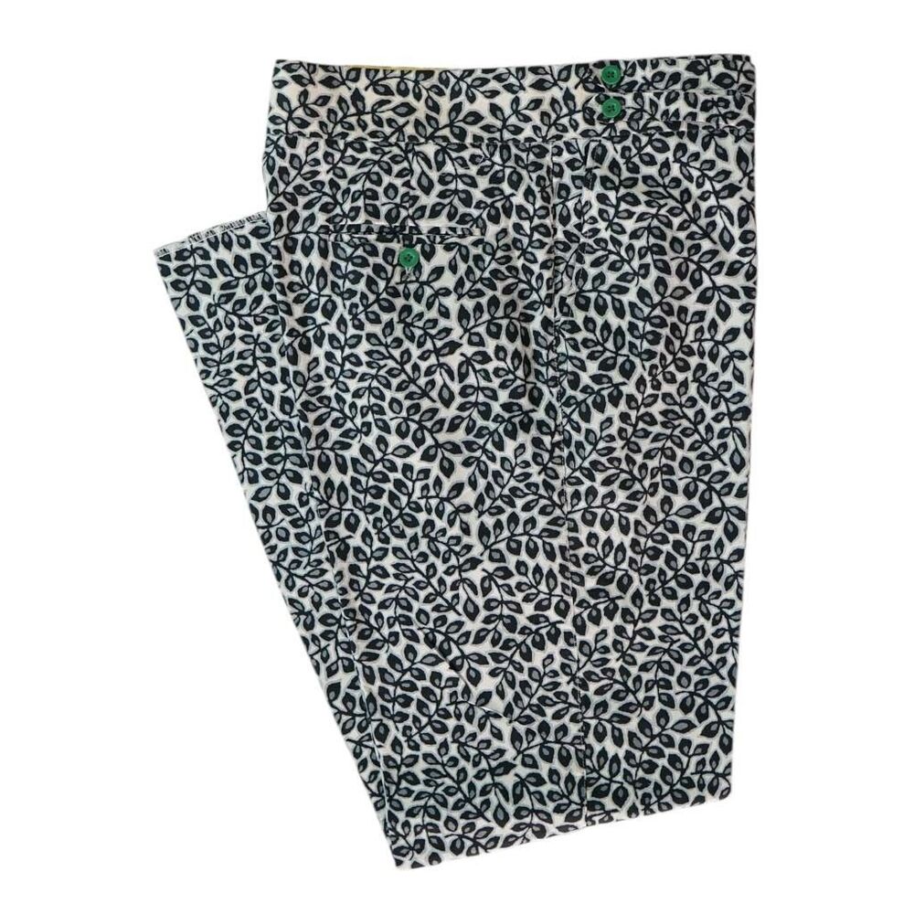 Mens 36 Gurkha Pants White Black Leaf Print Cotton Trousers Flat Front Straight